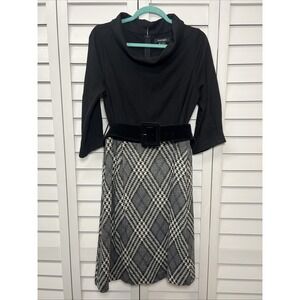 Ellen Tracy Plaid Cowl Neck 3/4 Sleeve Belted Stretch Dress Women's Size 14